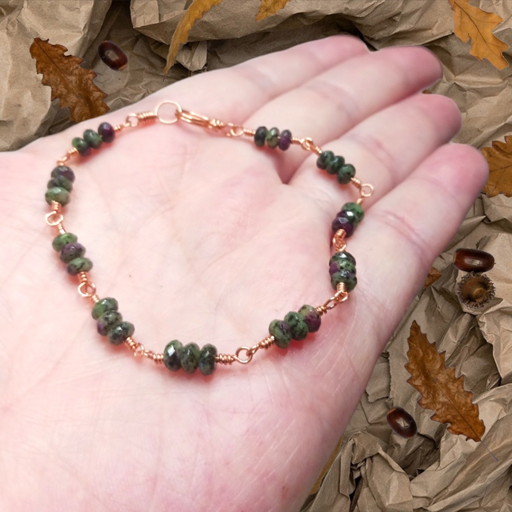 Artisan Copper Wire Wrap Bracelet with Ruby Zoicite Beads